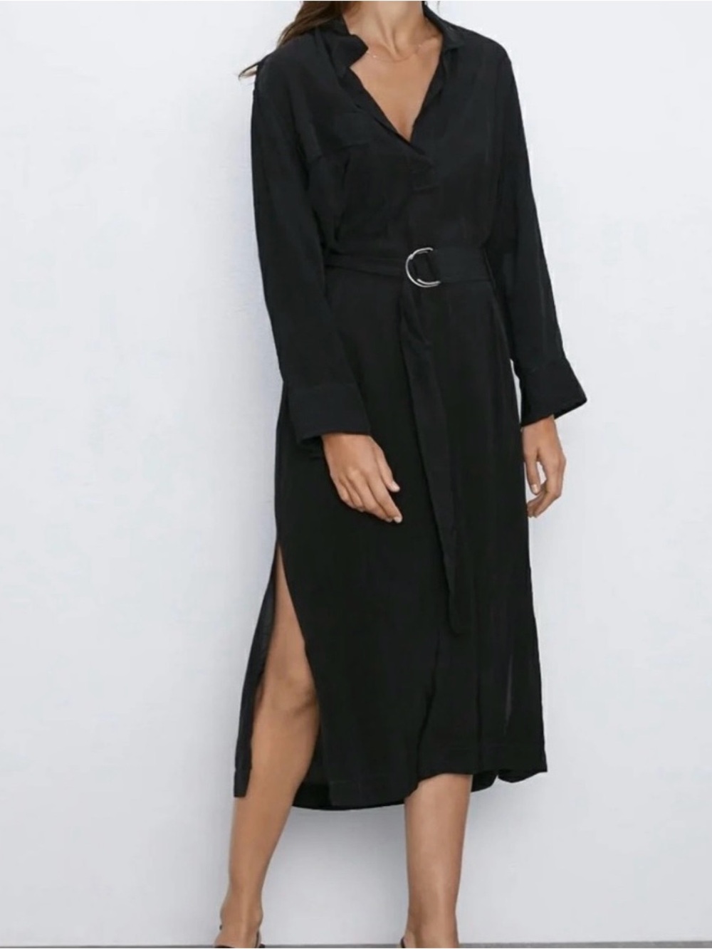 Zara Black Long-Sleeve Maxi Dress with D-Ring Waist
